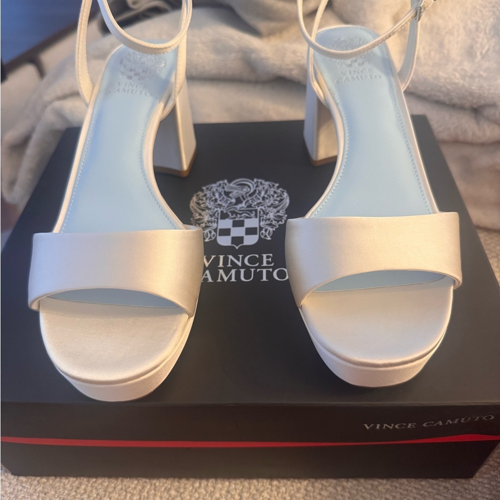 Vince Camuto White Satin Block Heel Sandals